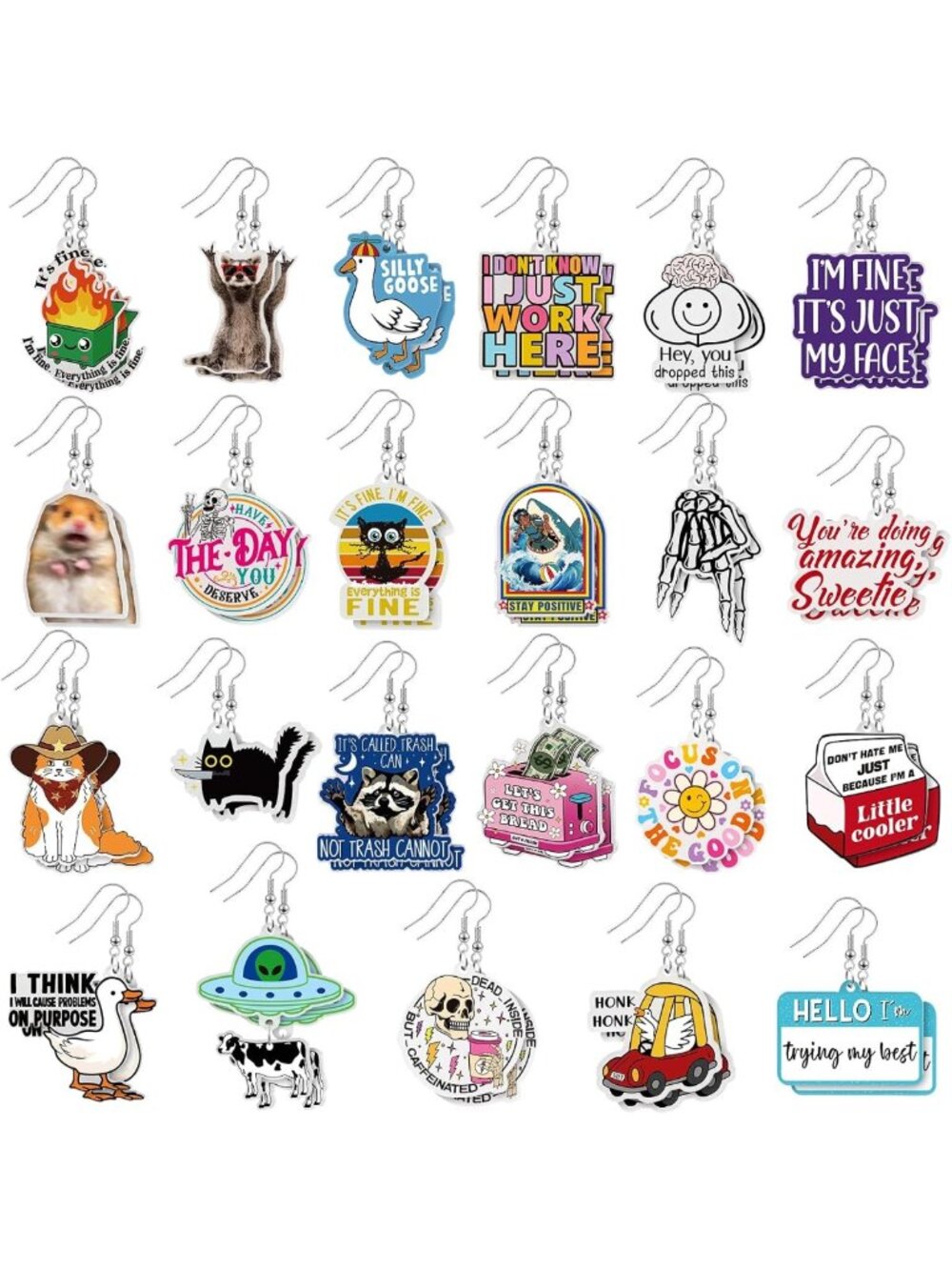 24 Pairs Fun Acrylic Dangle Earrings for Women - Colorful & Unique Styles